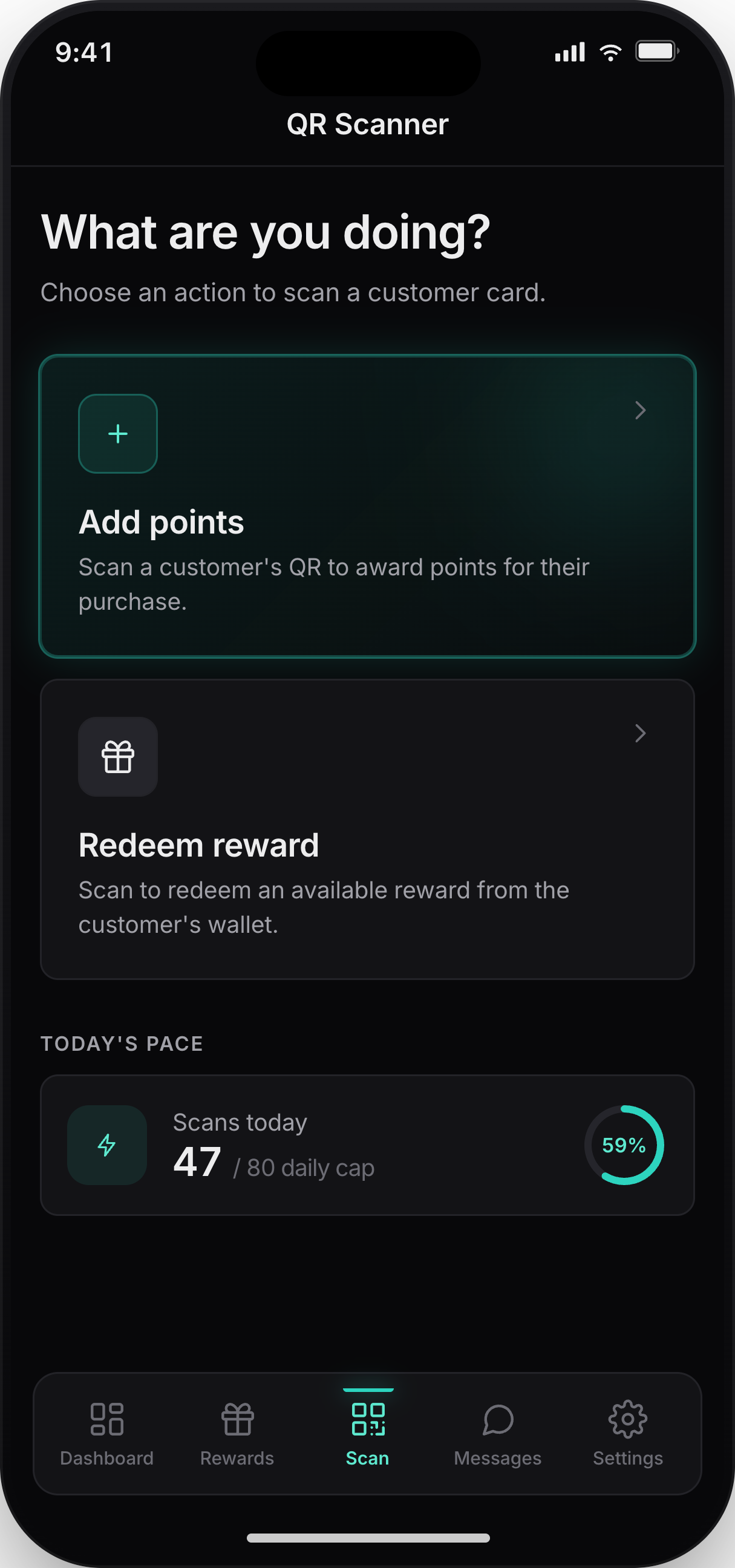 Loyaltree scanner options screen