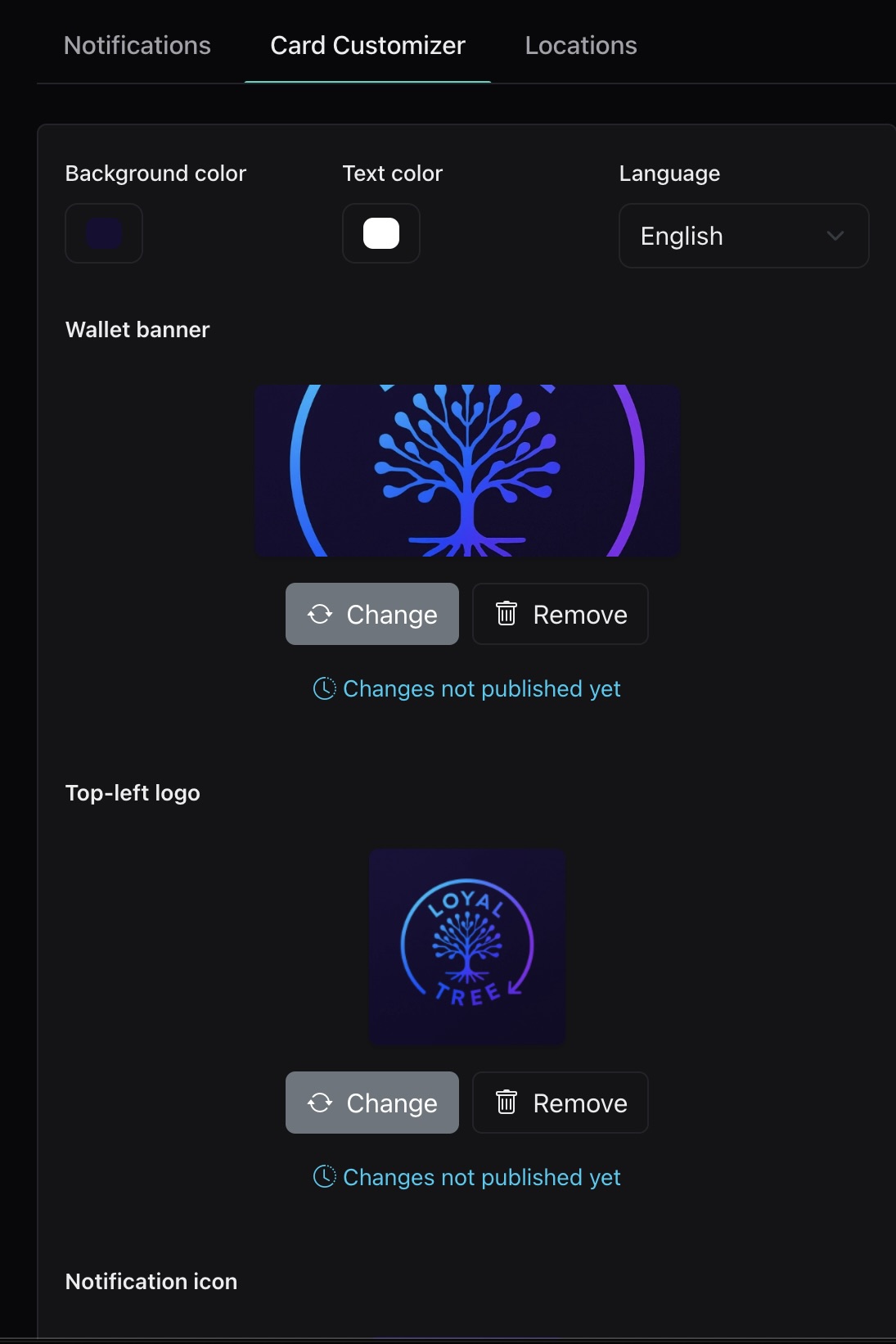 Loyaltree wallet template settings and live pass preview